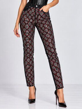 TOPSHOP Jeans Red Rhinestone Front High Waist Black Skinny Jeans SZ 32 NWT